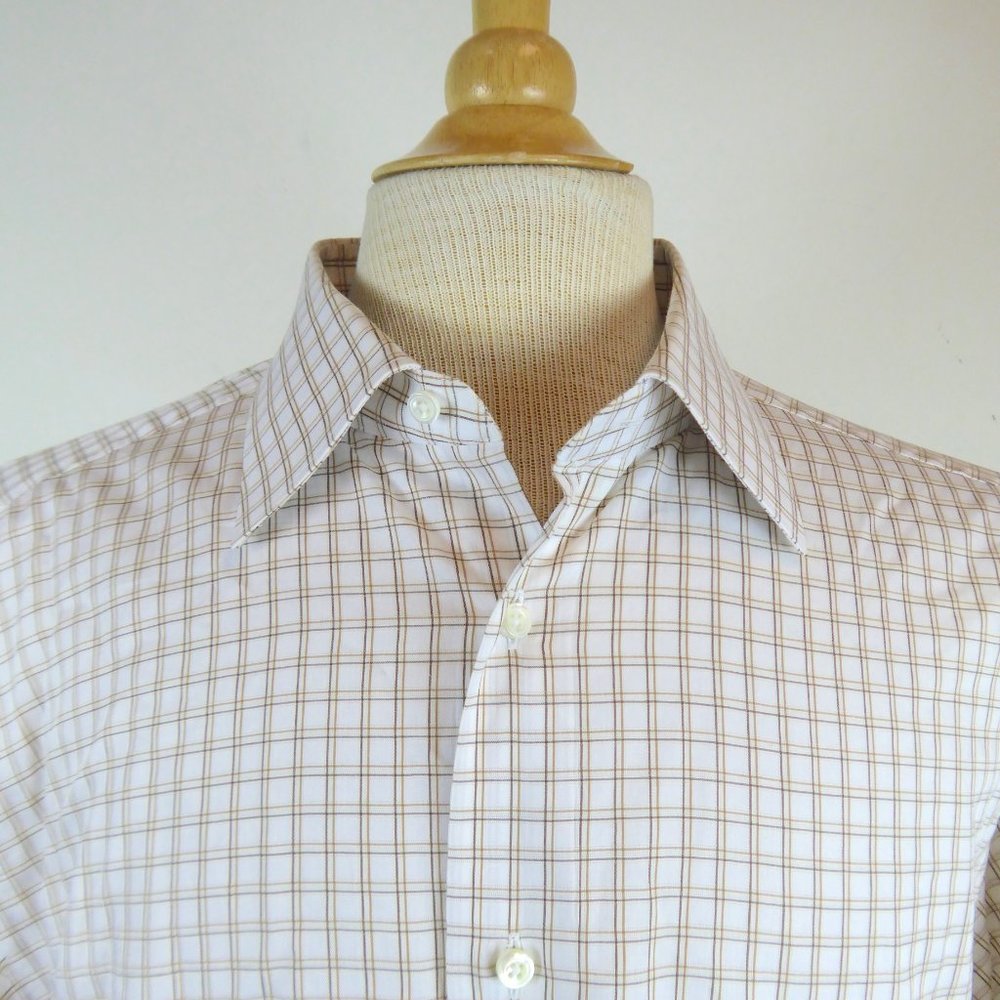 ERMENIGILDO ZEGNA white brown tan plaid cotton dress shirt 17.5 xl